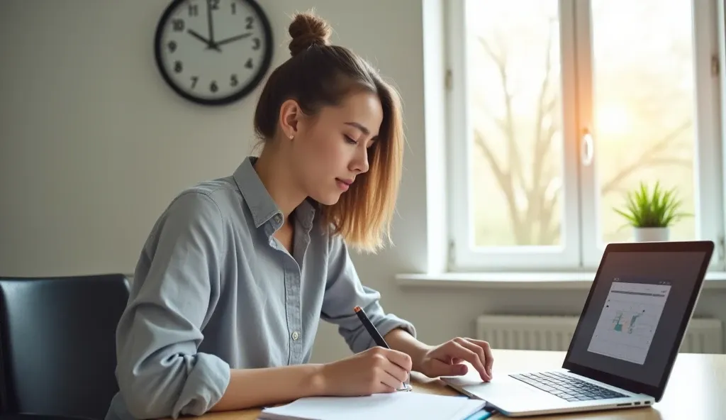 Một người trẻ đang làm việc tập trung tại bàn làm việc gọn gàng, có đồng hồ và lịch trình cá nhân hiển thị trên laptop.