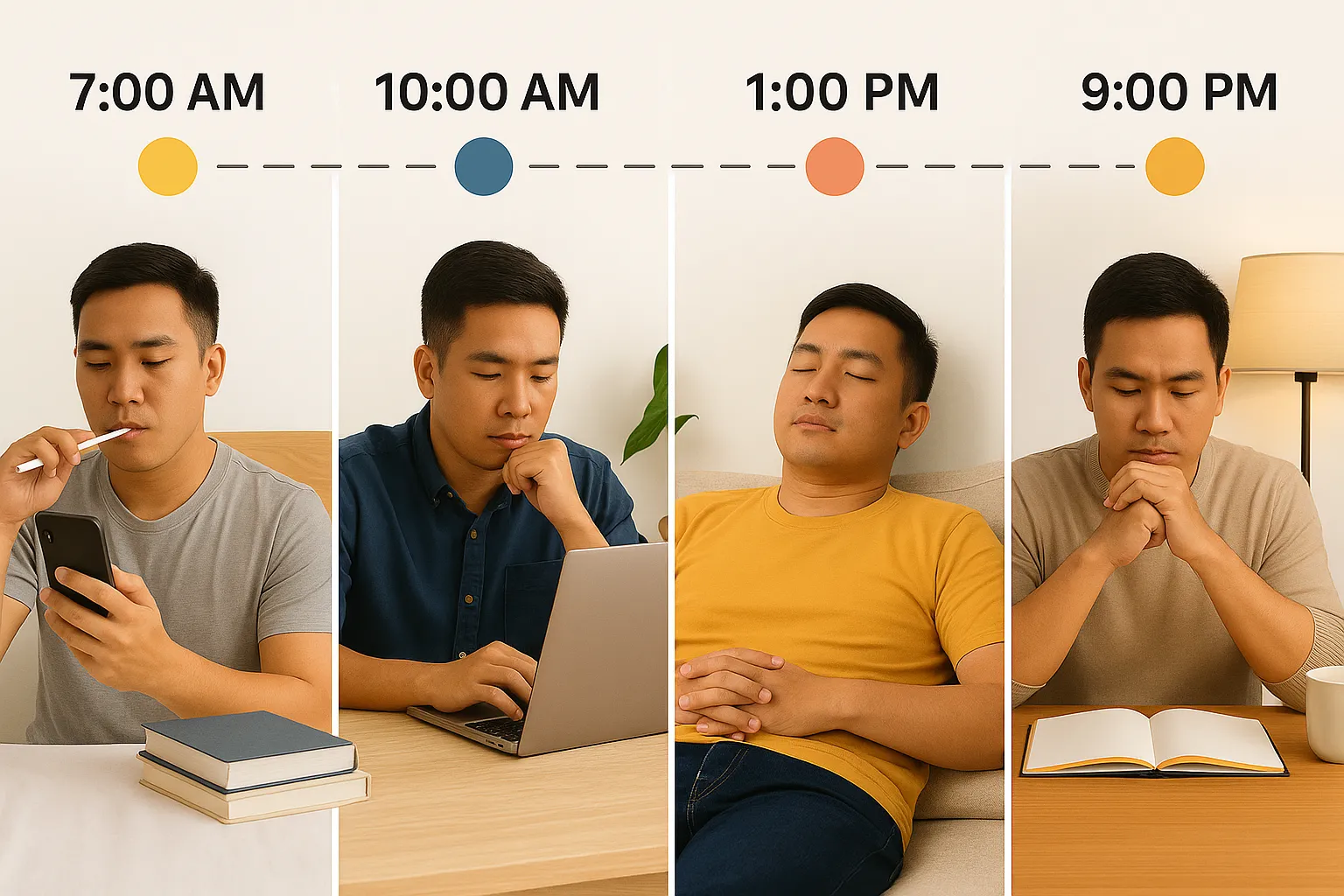 Minh họa một ngày lý tưởng với các hoạt động sáng – trưa – chiều – tối giúp người bận rộn quản lý thời gian hiệu quả.