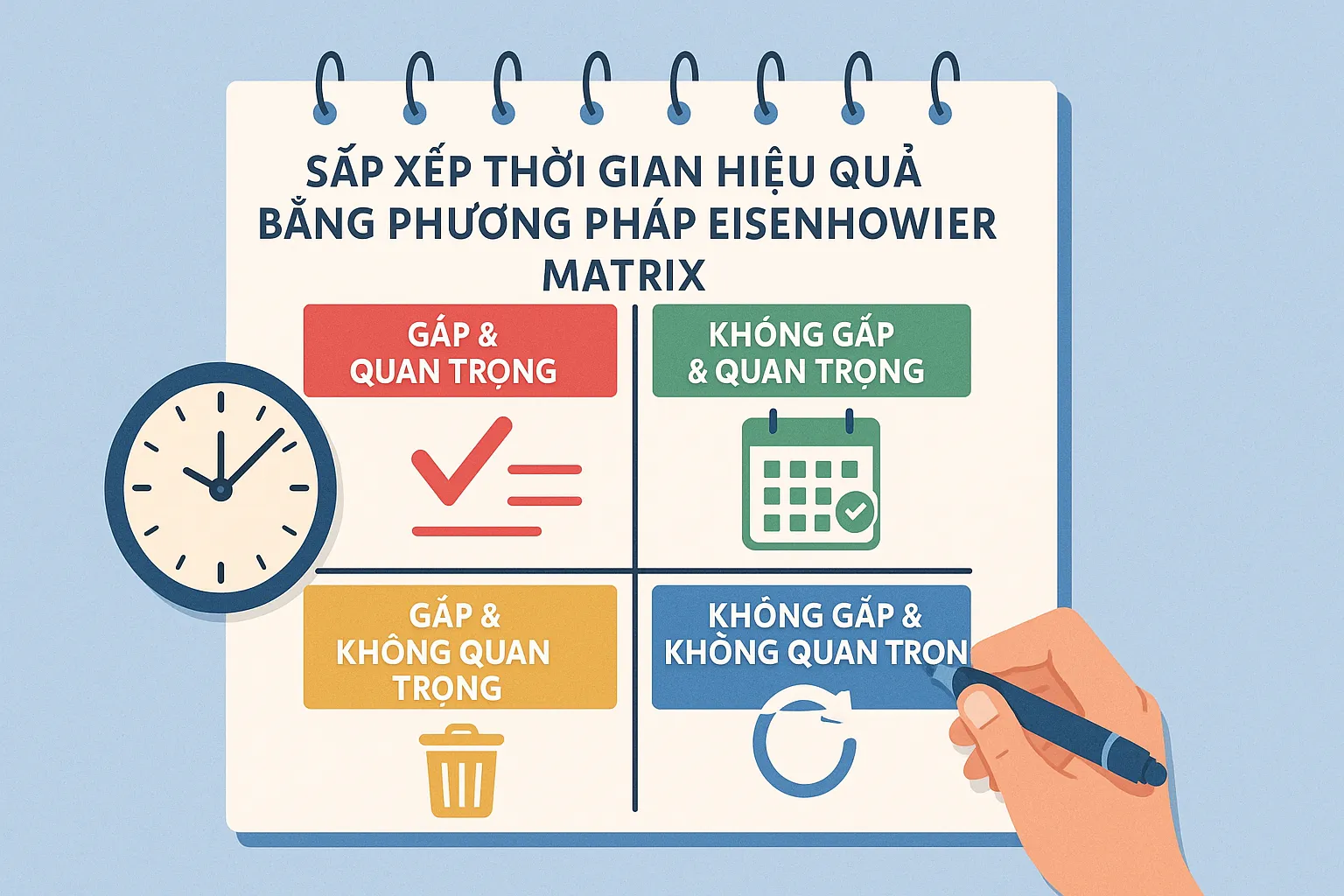 Ma trận Eisenhower minh họa bốn nhóm công việc theo mức độ gấp và quan trọng, trình bày trên cuốn sổ tay trắng có các biểu tượng minh họa, đồng hồ và bàn tay đang viết, giúp sắp xếp thời gian hiệu quả.
