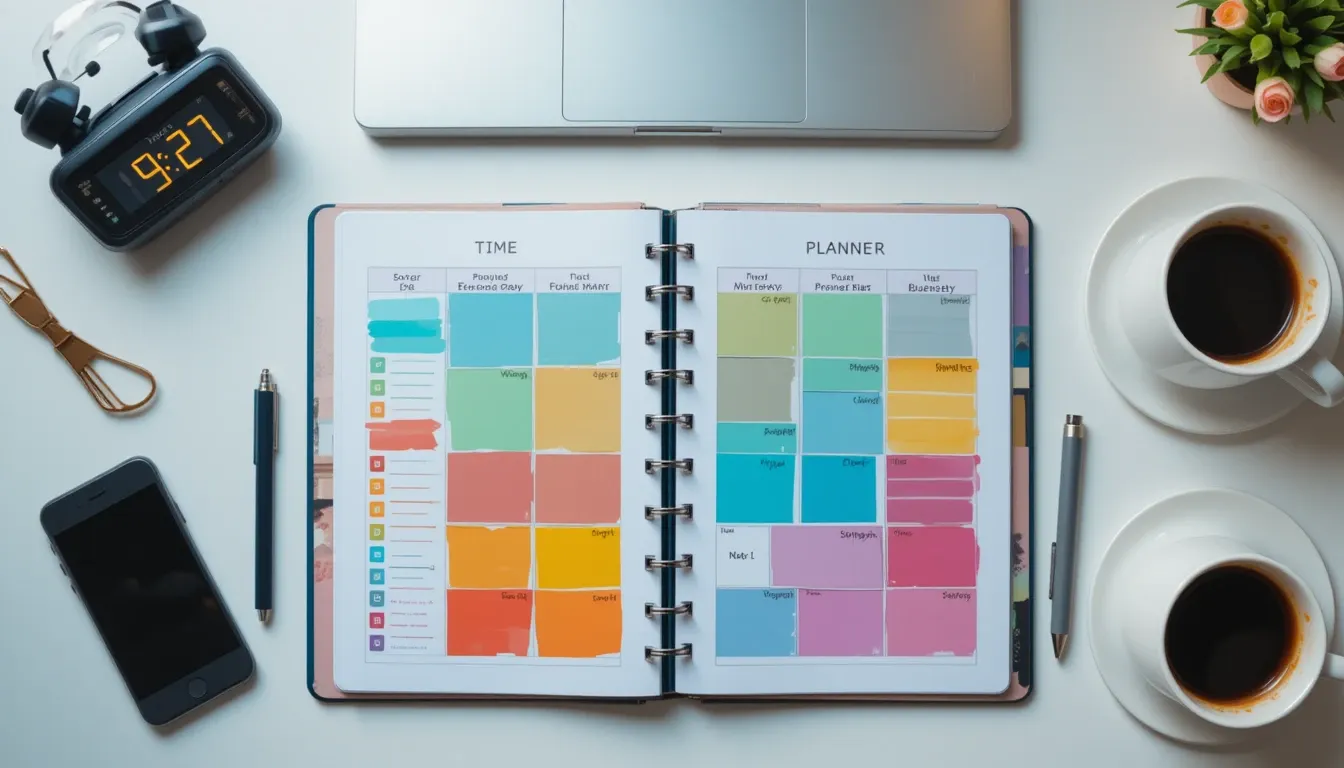 Bàn làm việc gọn gàng với sổ kế hoạch, laptop và đồng hồ – biểu tượng cho việc sắp xếp thời gian hiệu quả và làm việc năng suất