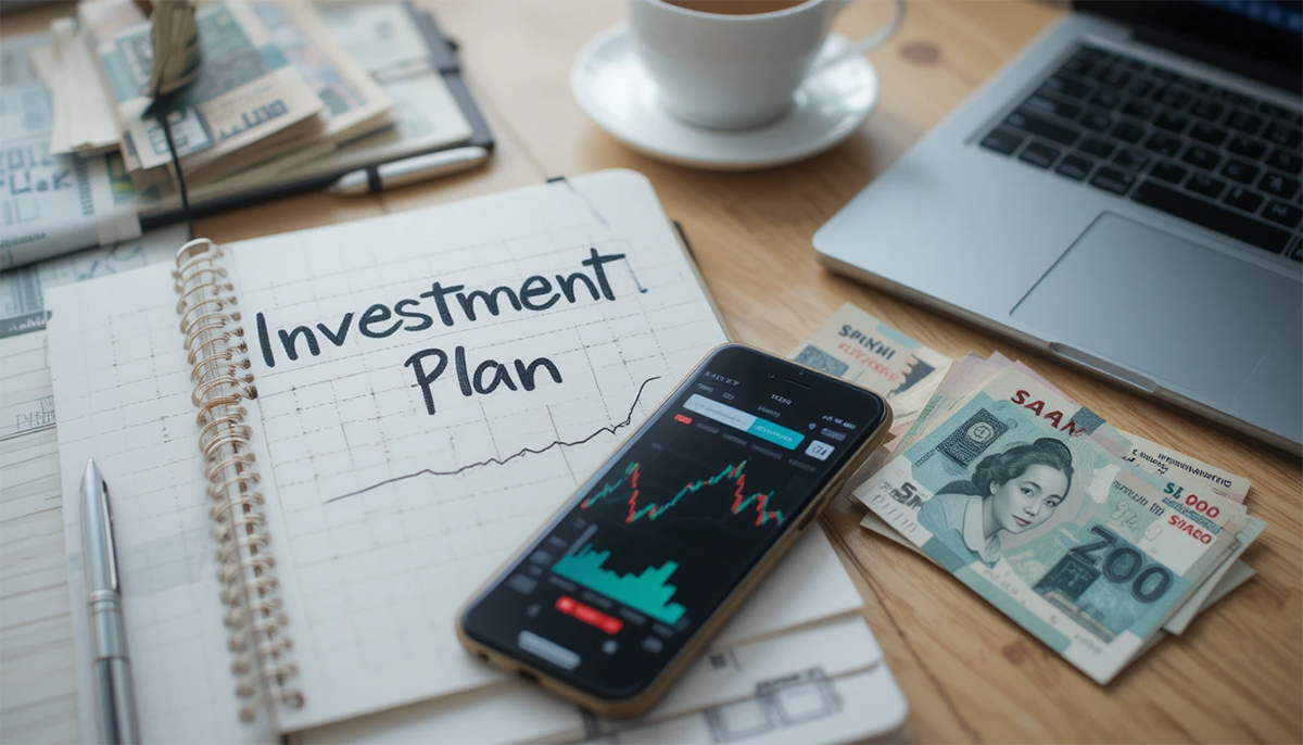Bàn làm việc đơn giản với kế hoạch đầu tư, biểu đồ cổ phiếu và tiền mặt – minh họa cách đầu tư hiệu quả cho người mới bắt đầu.