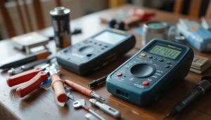 Bộ dụng cụ sửa quạt điện tại nhà gồm tô vít, kìm, bút thử điện và dầu bôi trơn