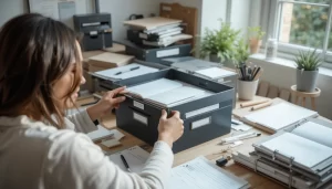 Người sắp xếp bàn làm việc bằng hộp đựng đồ