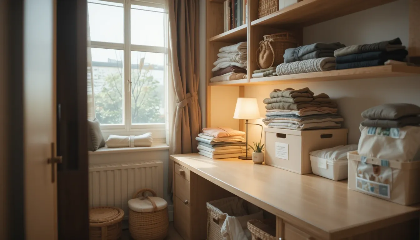 Không gian sống gọn gàng với hộp đựng đồ và bàn làm việc được sắp xếp ngăn nắp