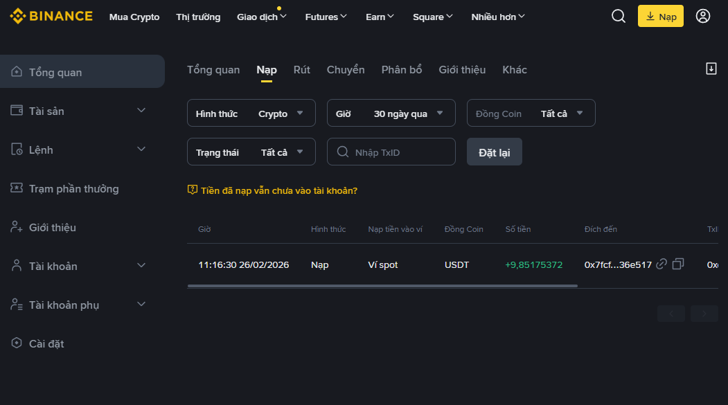 Tiền nạp từ faucetpay sang binance